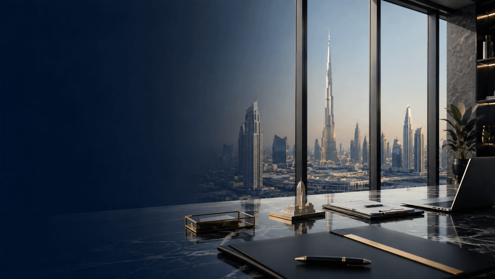 Dubai skyline viewed from a contemporary business office